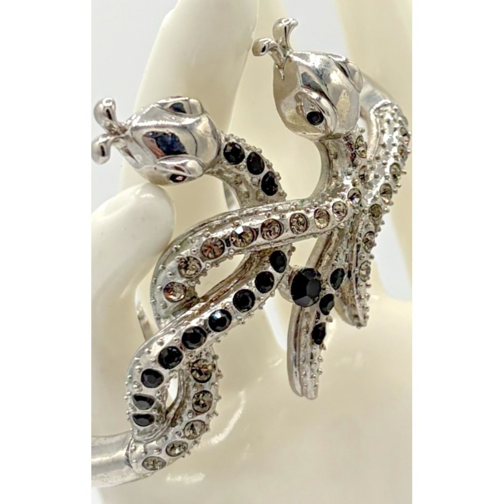 Silver Tone Double Headed Snake Hinged Bangle Bracelet Rhinestone Bypass